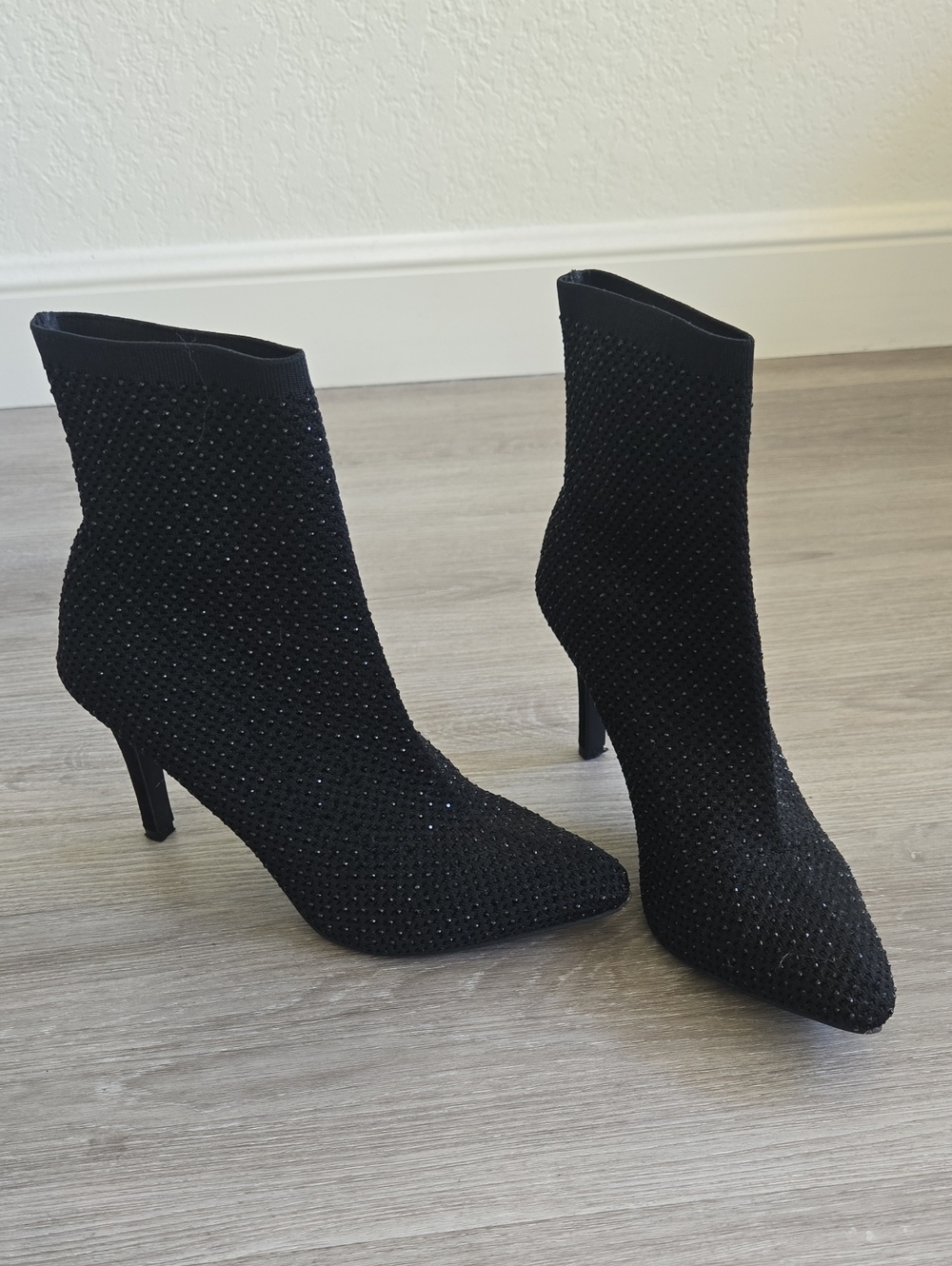 Black Rhinestone Knit Sock Booties - Women's Heeled Ankle Boots